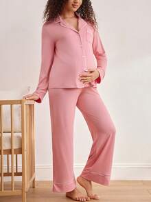 Moonlight&Mama Bộ đồ ngủ thời trang cơ bản cho bà bầu và cho con bú, mùa đông - Hồng - Xem 4