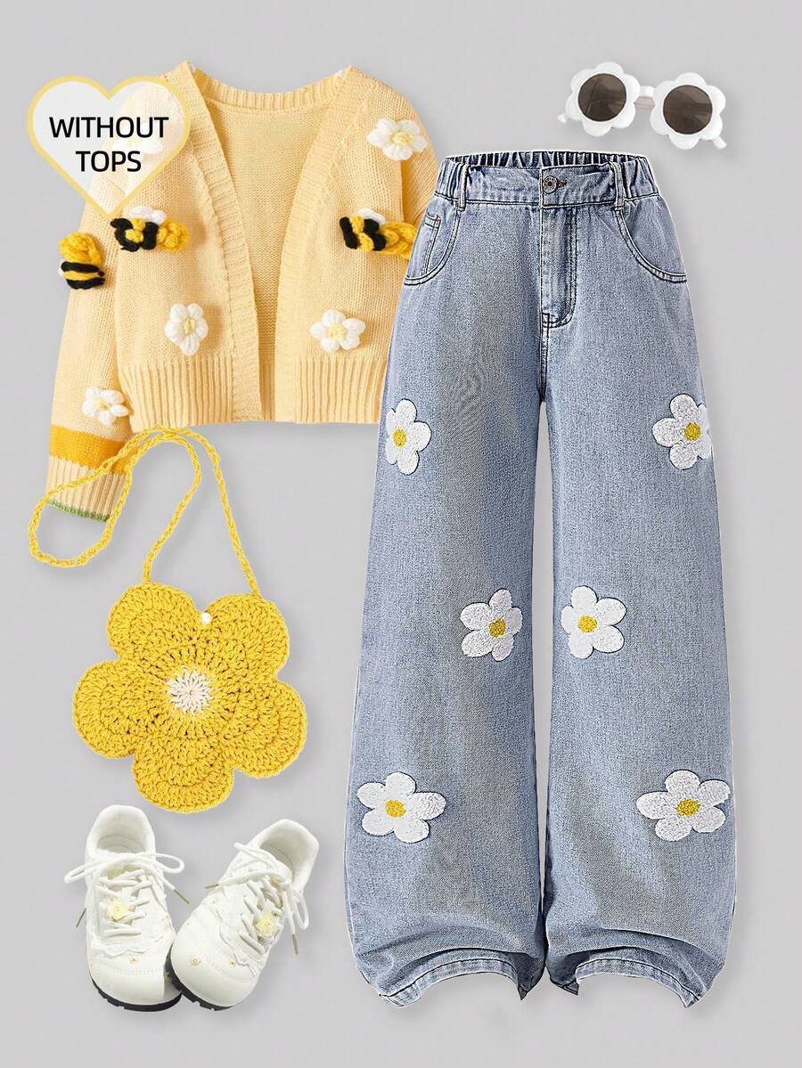 SHEIN ChillGRL Quần Jeans Nữ Tuổi Teen - Hàng Mới Thu Đông 2025. Quần Jeans Ống Rộng Thời Trang Thêu Hình Trái Tim Dễ Thương, Chất Liệu Denim Cổ Điển, Phong Cách Sinh Viên Y2K, Thường Ngày, Đáng Yêu, Cổ Điển. Thêu Hình Trái Tim, Chi Tiết Rách, Chất Liệu Denim Cotton Thoải Mái, Quần Jeans Xanh Dương Phù Hợp Mọi Mùa, Quần Jeans Ống Rộng Thời Trang Cho Bé Gái - Màu xanh lam - Xem 1