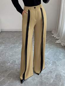 SHEIN Tall 女士休闲阔腿裤，带口袋和拉链，优雅商务通勤裤，卡其色搭配黑色，适合秋冬季、约会、上学、工作等场合。 - 駝色 - 查看 4