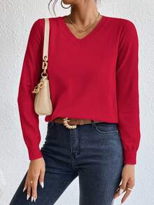 SHEIN Essnce 秋冬季纯色V领黑色上衣毛衣 - 紅色 - 查看 3