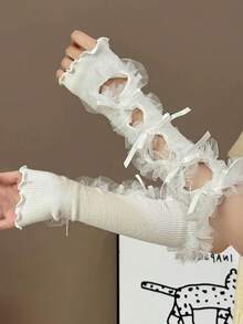 ROMWE Kawaii 镂空网纱长袖套，饰有蝴蝶结和荷叶边，个性化派对手套 - 白色 - 查看 4