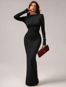 SHEIN Tall 女士基础款吊带连衣裙，性感露背设计，腰部褶皱，亲肤面料，长袖，及地长裙 - 黑色 - 查看 2