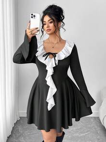 Elenzga Plus Size Women's Fitted Flare Sleeve Mini Black & White Dress, Fashionable Tie-Waist V-Neck Patchwork White Ruffle Hem Elegant A-Line Dress - Black and White - View 8