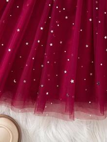 年轻女孩优雅丝绒红色网纱长袖连衣裙 - 彩色 - 查看 8