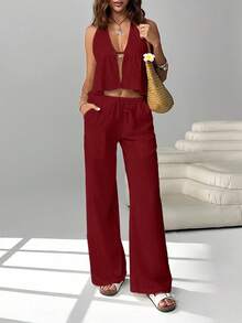 SHEIN EZwear Women's Chiffon Halter Backless 2 Pieces Vacation Casual Set Pant Suit Summer Sets Casual Two Piece Set Women Summer 2 Pieces Sets Women Two Piece Vacation Set Comfortable Two Piece Set 2 Piece Vacation Set Women - Burgundy - View 7