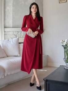 DAZY Women's Elegant Solid Color Asymmetric Belted Midi Dress With Blazer Collar, Autumn/Winter - Burgundy - View 5