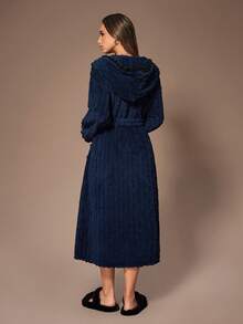 SHEIN Contrast Color Pom Pom Hooded Jacquard Fleece Women Robe Robes For Women Fluffy Fuzzy Robe Women's Robe Night Robe Women Robes For Women Winter - Navy Blue - View 2