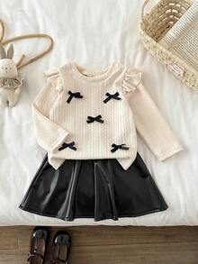 SHEIN 女婴秋冬时尚套装，优雅纹理上衣和裙子两件套，长袖蝴蝶结装饰短百褶裙 - 杏色 - 查看 5