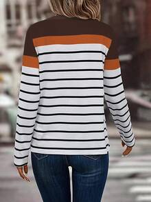 SHEIN LUNE Women Casual Striped Print Contrast Color Half-Button Cardigan Long Sleeve T-Shirt, Spring & Autumn Graphic Tees Women Tops For Spring - Multicolor - View 2