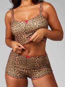 MISSGUIDED Leopard Print Cami Tank Top And Matching Bootie Shorts Two Piece Co-Ord Set With Red Trim Detail - Multicolor - View 2