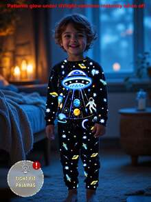 1 Set Boys Autumn Glow-In-The-Dark Astronaut Cartoon Print Snug Fit Crew Neck Long Sleeve Pajamas - Black - View 4