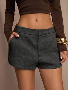 SHEIN BAE Pantalones cortos casuales de mujer de unicolor, de talle bajo, con bolsillos, sueltos y versátiles - Gris Oscuro - Ver 3