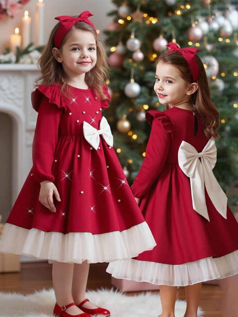 Glamorique Kids 1pc Girls Autumn New Round Neck Flutter Sleeve Ruffle Hem Long Sleeve Red Solid Color Fabric Spliced Apricot Waist Apricot Bow Splice Back Water Drop Big Bow Decor Party Birthday Christmas Valentine Princess Dress