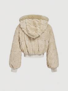 SHEIN MOD 千鸟格抓绒领长袖卡其色夹克、女款泰迪熊夹克、皮草夹克、女款短款夹克、女款连帽夹克、女款夹克、女款冬装、女款短款夹克 - 卡其色 - 查看 2