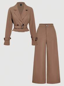 SHEIN MOD Women's Coffee Brown 2 Pieces Set,Summer Business Casual Office Wear,Short Loose-Fit Blazer With Belt & Wide Leg Pants Suit,Elegant Workwear Pantsuit - Brown - View 10