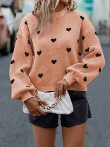 SHEIN LUNE Áo len cổ tròn họa tiết trái tim thường ngày cho nữ, mùa thu/đông - trái cam - Xem 6
