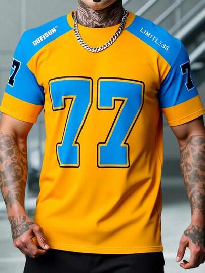 Manfinity Dauomo 【活力运动T恤】轻盈涤纶男士77号字母印花运动T恤 | 亮橙色和蓝色设计，圆领，短袖，运动休闲两相宜