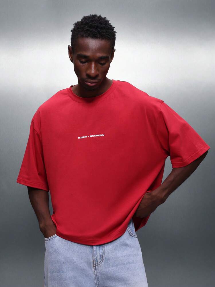 PLAYBOY X SUMWON Boxy Fit Crew Neck Short Sleeve Statement Graphic Tee With Back Print Cotton Blend Streetwear Style