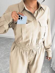 Elenzga 大码女式法式浪漫西西里优雅休闲通勤度假纯色棕色衬衫领隐形门襟松紧下摆长袖衬衫+松紧腰工装裤套装，春/秋/冬 - 杏色 - 查看 3