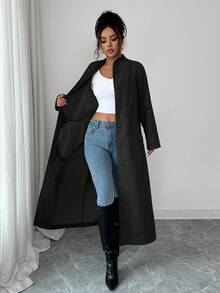 SHEIN Elenzya 女士加厚面料立领插肩袖腰部抽绳设计优雅教师/学生外套，生日礼物、约会、派对、独立日、网络星期一、万圣节、双十一、返校派对 - 黑色 - 查看 7