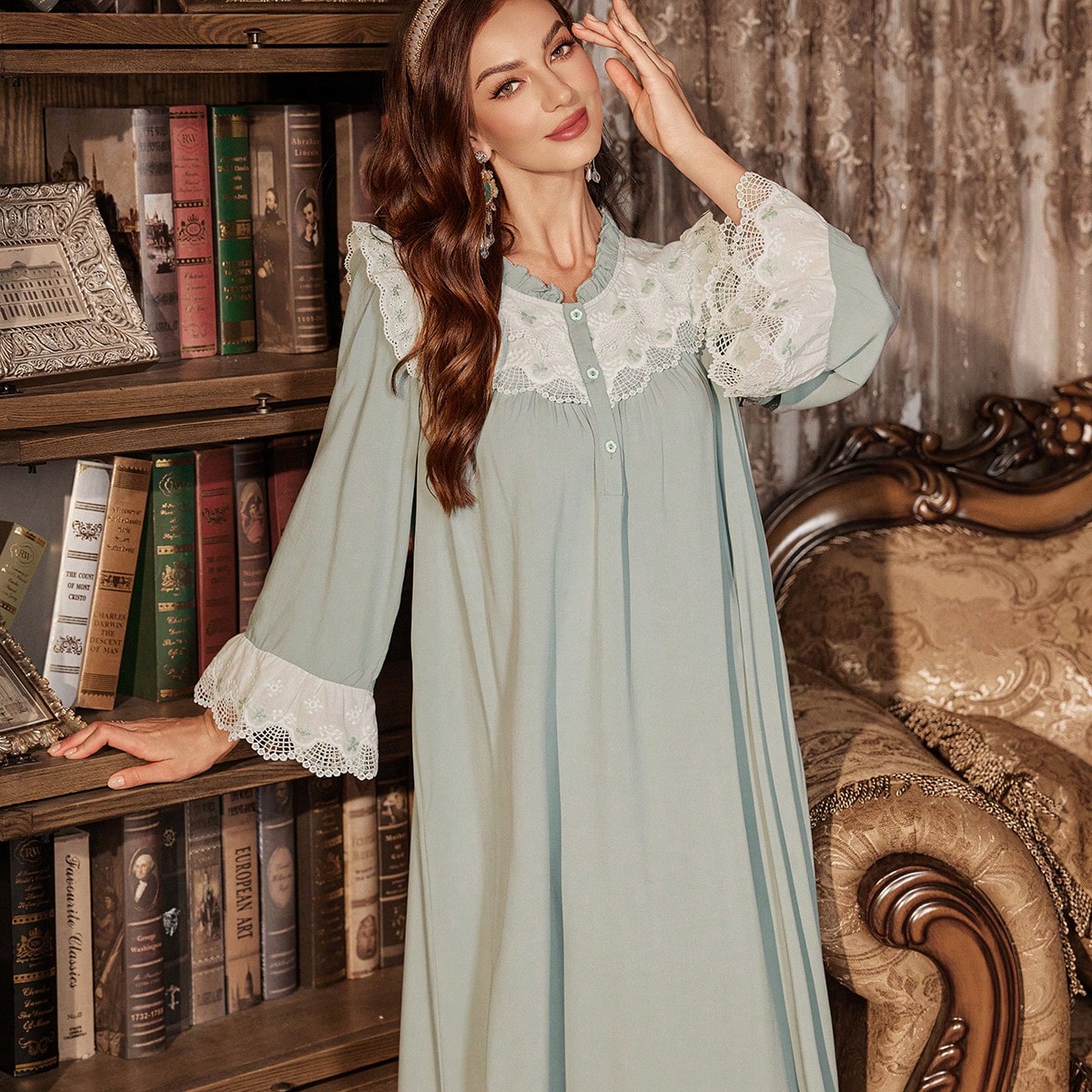 Camisón de mujer estilo palacio vintage con bordados de encaje, Camisón Moo Moo de invierno