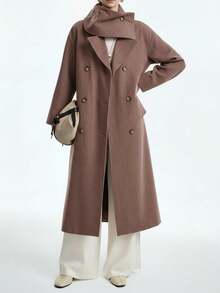 Aalyst 女士休闲长袖口袋收腰可拆卸领口设计直筒羊毛混纺大衣 - 咖啡棕 - 查看 1