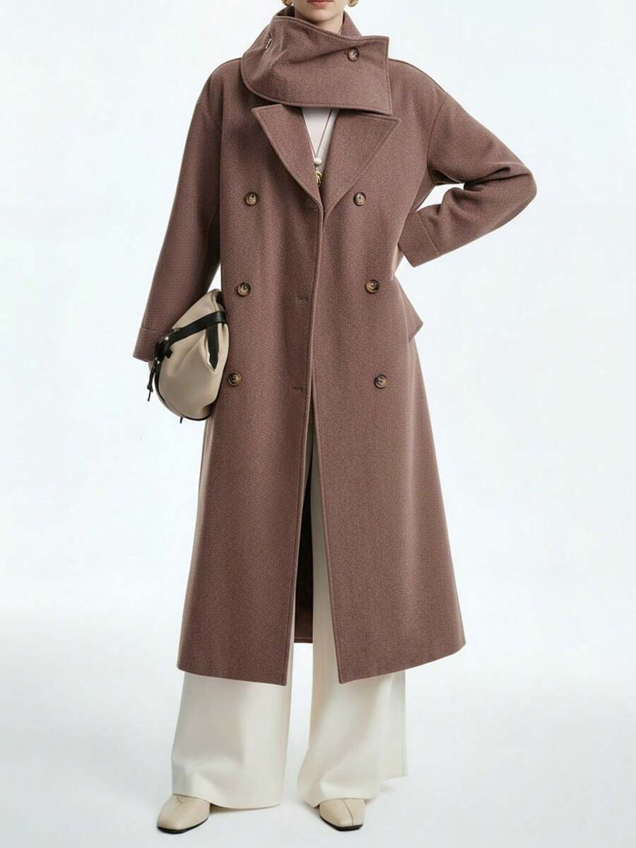 Aalyst 女士休闲长袖口袋收腰可拆卸领口设计直筒羊毛混纺大衣 - 咖啡棕 - 查看 1