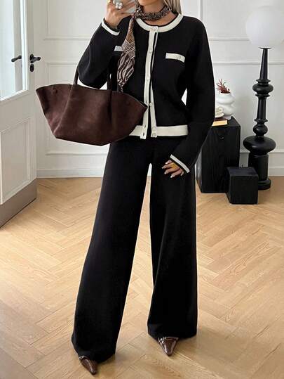 Livesso 女士休闲撞色针织开衫和针织裤两件套，秋季