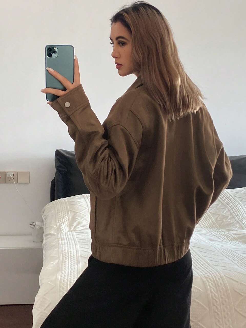 Women's Casual Plain PU Pocket Jacket, Regular Fit Outerwear For Autumn Women Coats