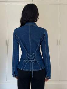 Siren Gaze Blue Fitted Denim Jacket, Slimming And Stylish, Retro Collared Long-Sleeved Top Winter - Dark Wash - View 8