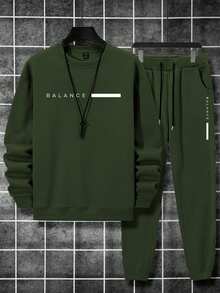 Manfinity Homme 男士字母印花落肩长袖休闲卫衣和运动裤宽松两件套 - 軍綠色 - 查看 3