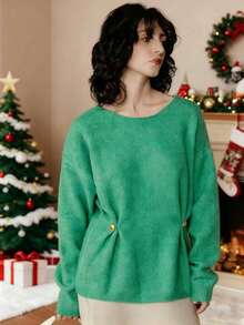 Franclia Women's Autumn/Winter Christmas Green Solid Color Gold And Green,Autumn,Casual,Holiday Loose Long Sleeve Side Button Round Neck Wool Knitted Sweater - Green - View 10