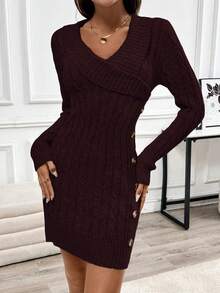 EMERY ROSE Váy len dài tay dệt kim cổ bẻ thoải mái - màu nâu - Xem 7