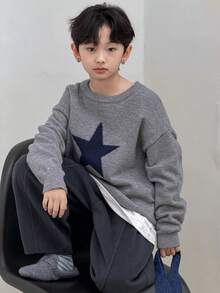 DAZY 男童宽松休闲图案针织毛衣，秋季 - 深灰色 - 查看 3