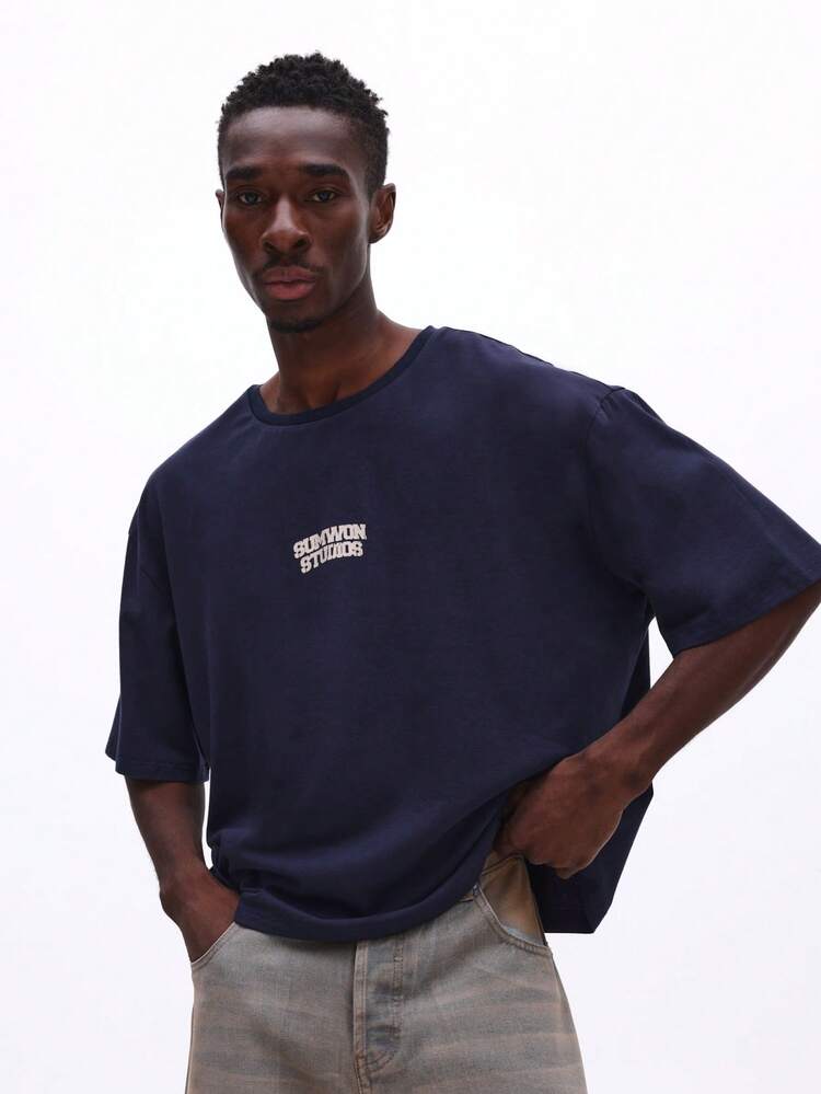 Boxy Fit Navy T-Shirt With Graphics