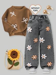 Pantaloni a zampa di ragazza giovane con ricamo a fiocco di neve, effetto lavato e strappato - nero - Visualizzare 7