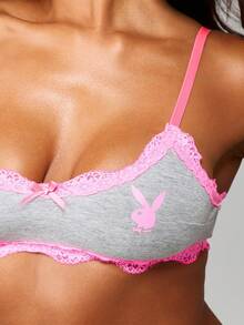 Missguided x Playboy Áo ngực ren viền logo thỏ và chi tiết nơ Đồ lót thoải mái hàng ngày - Màu Xám nhạt - Xem 6