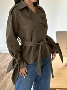 SHEIN EZwear 女式休闲绿色短款风衣，秋冬日常穿着的基本款外套 - 綠色 - 查看 4
