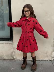 SHEIN Elladie kids Young Girl' Casual Heart Pattern Corduroy Shirt Dress, Autumn/Winter