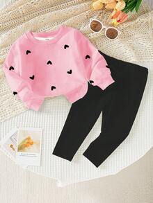 一套年轻女孩休闲时尚舒适简约可爱爱心图案长袖卫衣和打底裤套装，适合秋冬季外出、运动、上学等场合。 - 彩色 - 查看 3