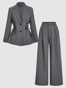 SHEIN MOD 2pcs Vintage Lace-Up Decor Long Sleeve Top And Wide Leg Pants Suit Set,Fall - Grey - View 9