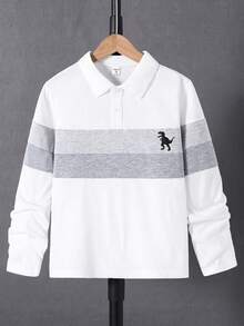 SHEIN Mirajuku Boys' Polo Shirt With Contrast Collar, Long Sleeve, Minimalist & Fashionable - White - View 8