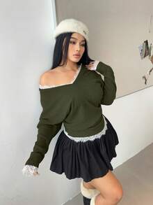 Vibekara 大码女式蝙蝠袖T恤上衣，撞色蕾丝和罗纹休闲时尚套头衫 - 綠色 - 查看 3