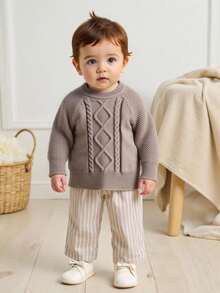 Áo len dệt kim cáp cổ tròn tay raglan trơn màu cho bé trai - Cà phê nâu - Xem 1