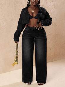 Slaydiva Plus Size Women Denim Wide Leg Pants With Heart Pockets - Dark Grey - View 8