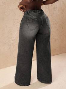 Slaydiva 大码女式宽松休闲牛仔心形口袋阔腿裤 - 淺灰色 - 查看 2