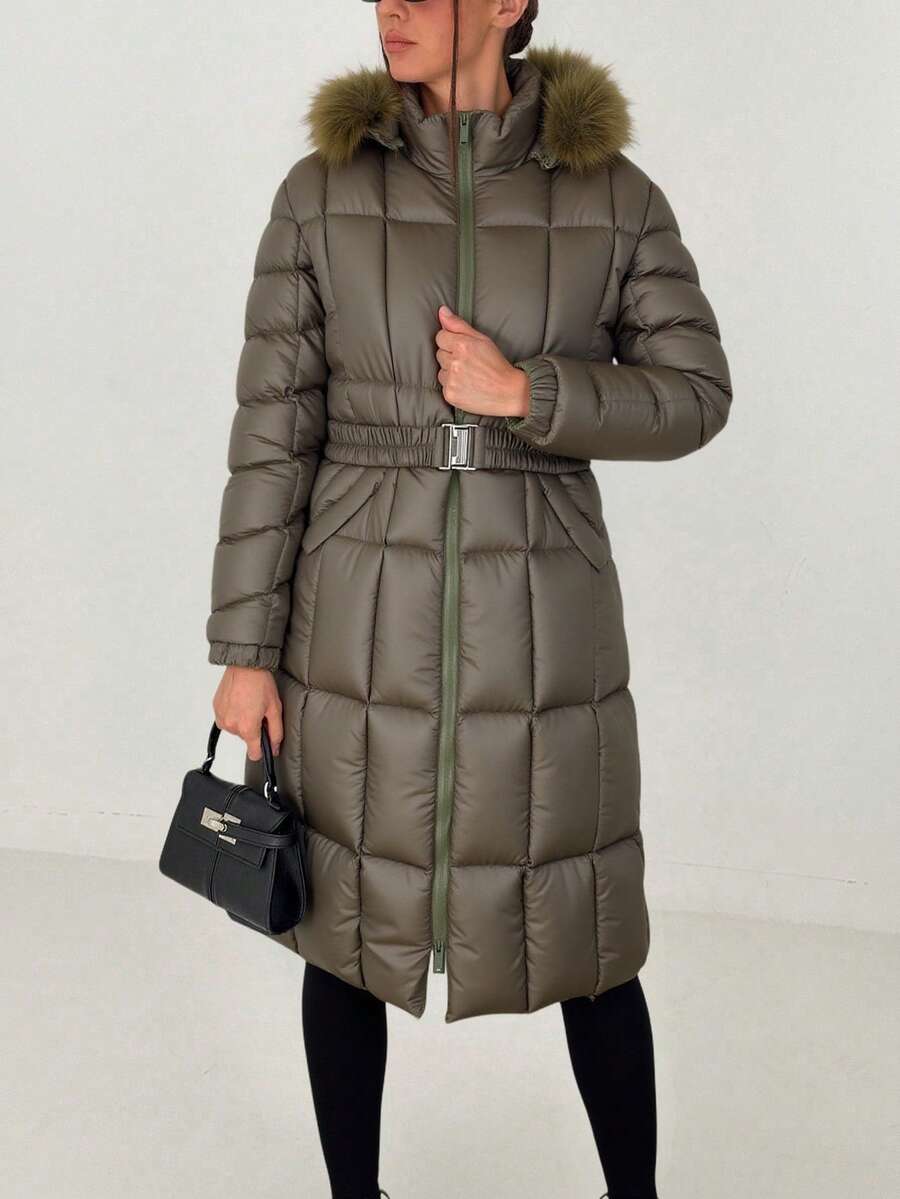 Áo khoác có mũ lông, thắt lưng, màu kaki, kiểu dáng thường ngày, lót bông, thích hợp cho mùa đông và mùa thu. - Màu Khaki - Xem 1