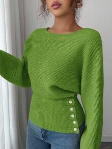 Selianne Women's New Autumn/Winter 1 Piece Design Batwing Sleeve High-End Buttoned Minimalist Everyday Knit Long Sleeve Top - Green - View 6