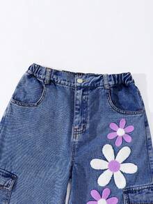 SHEIN ChillGRL Quần jeans ống rộng thêu hoa tuyết thời trang cho bé gái tuổi teen, thích hợp cho mùa xuân, hè, thu và đông với họa tiết bướm và hoa, quần jeans ống rộng họa tiết hoa thập niên 90 cho trẻ em, quần jeans rộng thùng thình thêu họa tiết phong cách Y2K. - Rửa tối - Xem 4