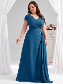 Coutiva Vestido elegante de la madre de la novia con cuello en V, decoración con aplicaciones y drapeado, talla grande, Día de San Valentín - Neblina azul - Ver 3